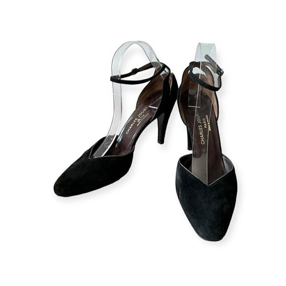 Vintage Charles Jourdan Black Suede Ankle Strap Pumps, Size 8 1/2 - Picture 2 of 16